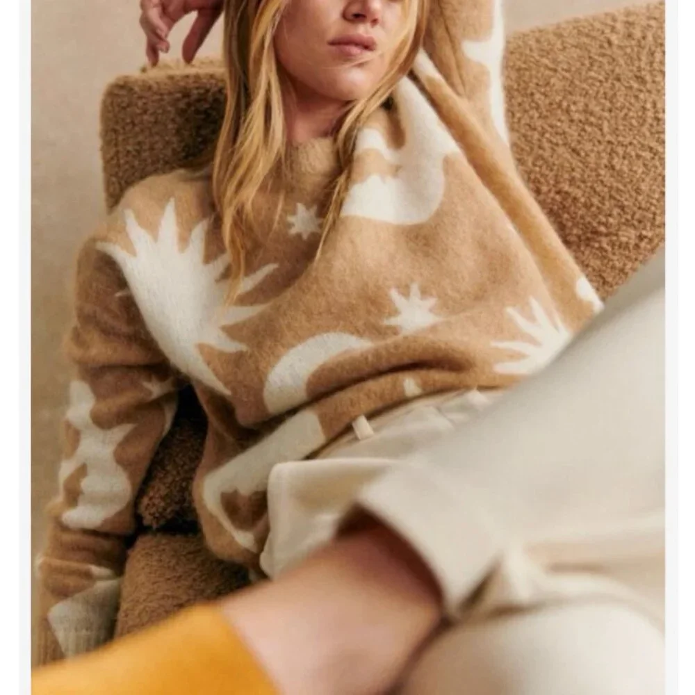 Sézane Pangea Camel and Cream Star & Moon Pattern Sweater
